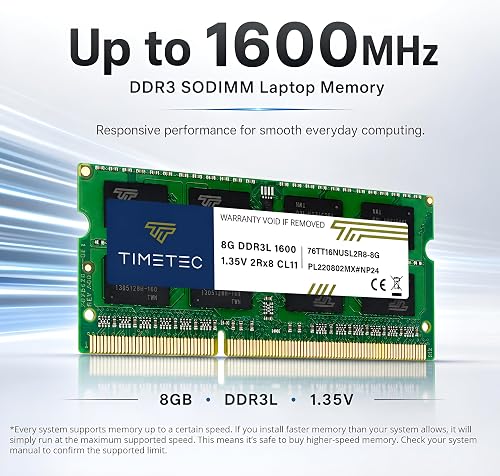 Timetec product panel showing the 8GB DDR3L-1600 SODIMM module rated at 1.35V, CL11, and 2Rx8