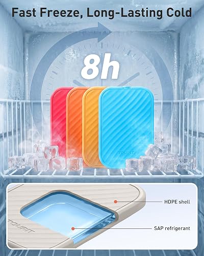 TOURIT ice packs in a freezer showing the 8 hour cold rating and the HDPE shell cutaway
