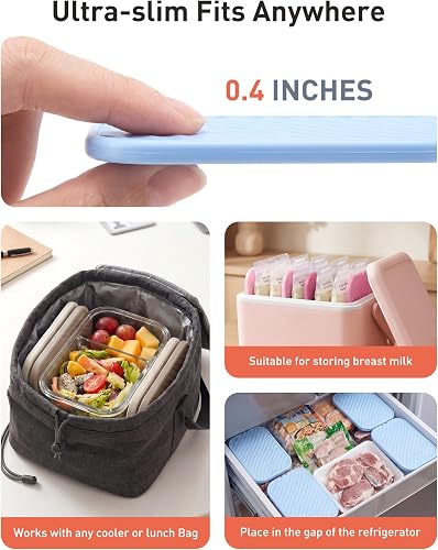 TOURIT slim ice pack held between two fingers showing its 0.4 inch thickness