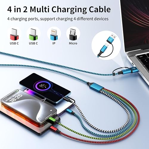 Travle 4-in-2 multi charging cable showing its two USB-C, Lightning, and Micro USB heads