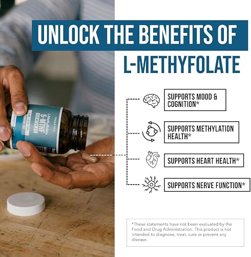 Triquetra L-Methylfolate capsules poured out next to the glass bottle