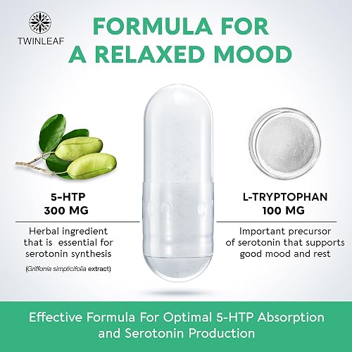 Close-up of the small TWINLEAF 5-HTP capsules