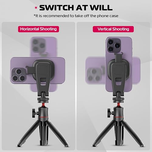ULANZI MA23 marketing panel demonstrating horizontal and vertical shooting with an iPhone held on the magnet while mounted on a tripod