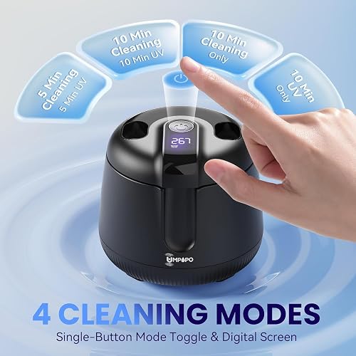 Manufacturer product graphic showing the UMPOPO's four one-button cleaning modes and digital screen