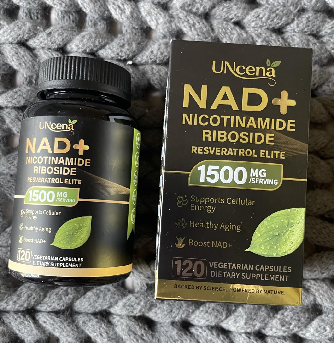 UNcena Liposomal NAD+ bottle and capsules photographed by a verified Amazon buyer