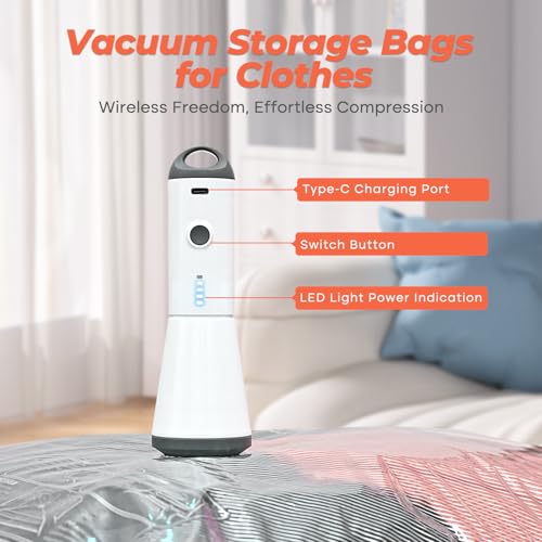 Vacbird vacuum storage bag set with three sizes laid out next to the cordless pump