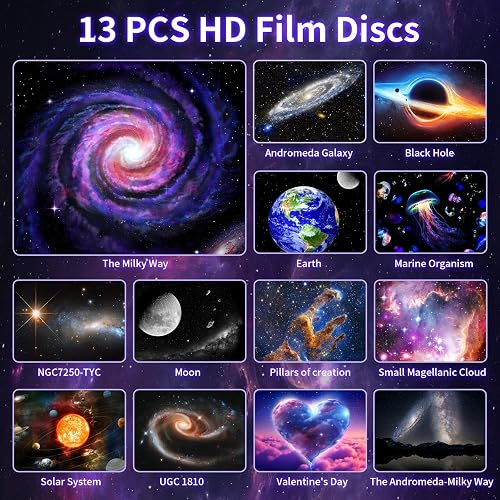 VanSmaGo Meteor Galaxy Projector listing panel showing the 13 HD glass film discs, including the Milky Way, Andromeda Galaxy, Black Hole, Earth, Moon, Pillars of Creation, and Solar System