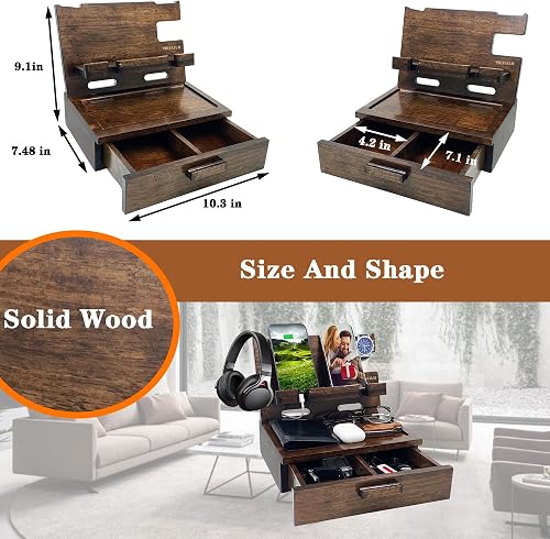 Diagram of the VEIYAILU wood phone docking station showing its 9.1 by 7.48 by 10.3 inch assembled size, the 4.2 and 7.1 inch drawer compartments, and a solid wood finish callout