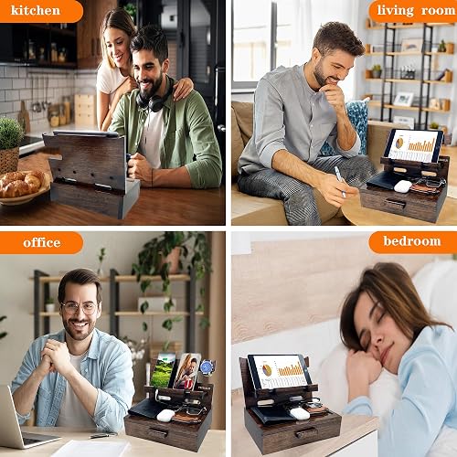 The VEIYAILU wood docking station shown in a kitchen, living room, office, and on a bedroom nightstand to compare its footprint in each setting
