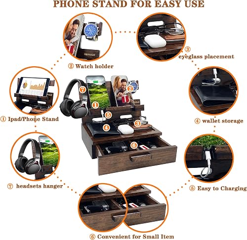 Annotated view of the VEIYAILU docking station labelling the phone and tablet stand, watch holder, eyeglass rest, wallet storage, cable routing, drawer, and headphone hanger