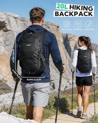 WATERFLY 20L hiking backpack worn on the trail, with its 18.9 x 10.8 x 6.5 inch dimensions labeled