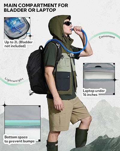 WATERFLY 20L backpack main compartment holding a hydration bladder, with a padded sleeve for a laptop under 16 inches