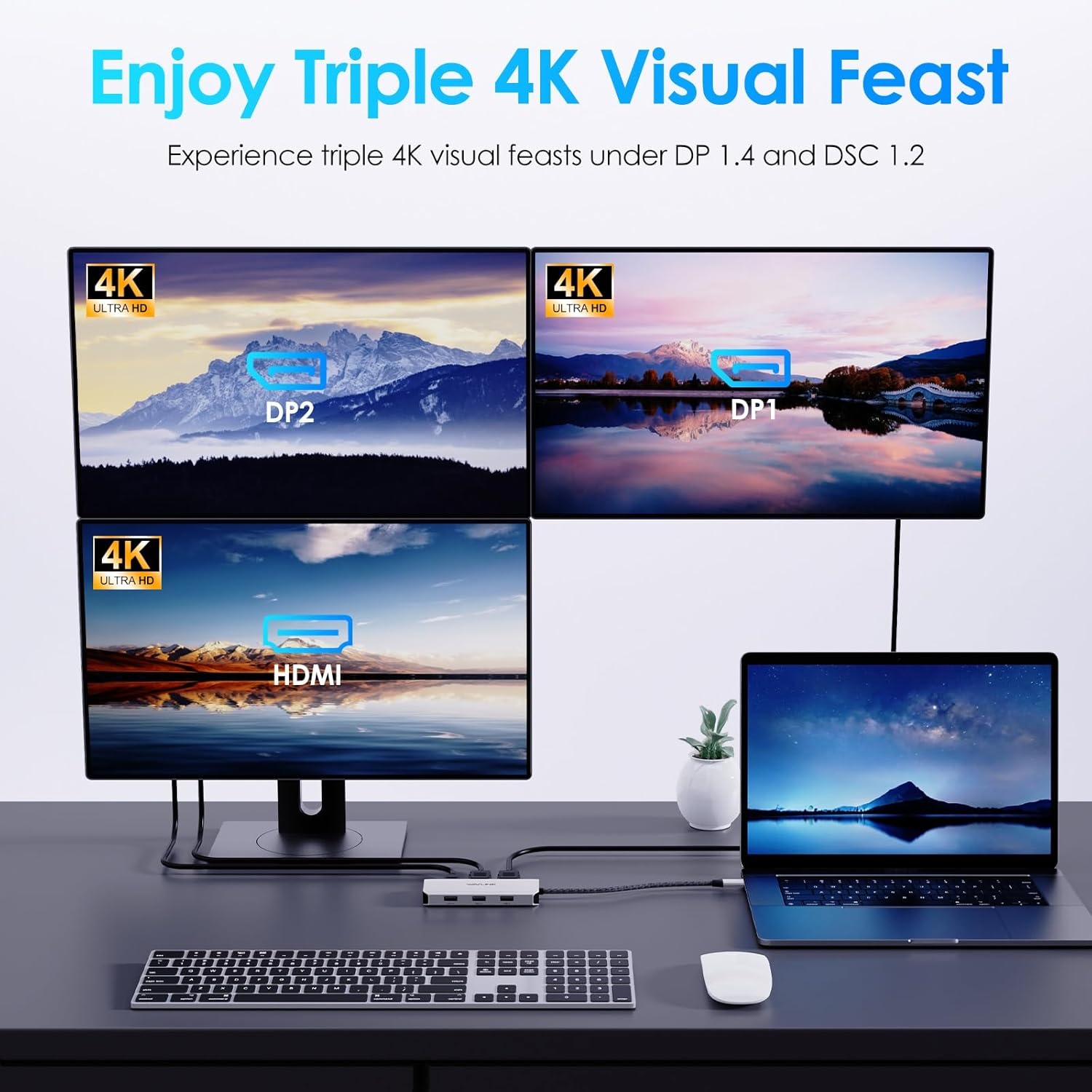 WAVLINK USB-C dock on a desk powering a multi-monitor Windows workstation