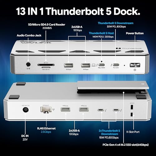WAVLINK Thunderbolt 5 Dock port layout diagram showing the front and rear Thunderbolt 5, USB-A, Ethernet, SD 4.0, audio, and M.2 SSD ports