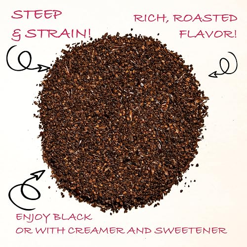 Close-up of Worldwide Botanicals organic roasted barley grounds, a medium-coarse grind labeled steep and strain