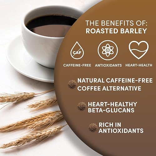 Brewed cup of roasted barley beside the Worldwide Botanicals panel listing caffeine-free, antioxidant and beta-glucan claims