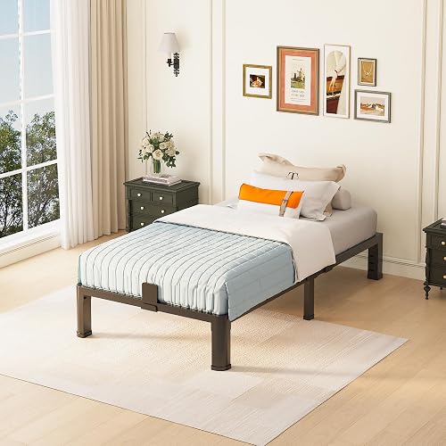 Yitong Angel 10 inch twin bed frame assembled with a mattress and rounded corner legs