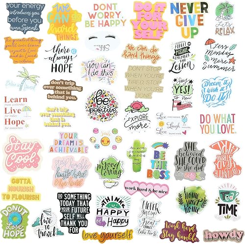 Close-up of motivational quote stickers showing the range of affirmation messages