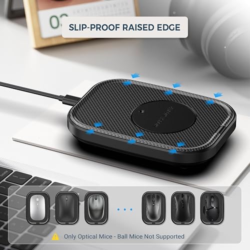 Yonktoo Mouse Jiggler platform showing the slip-proof raised edge, with a note that only optical mice are supported