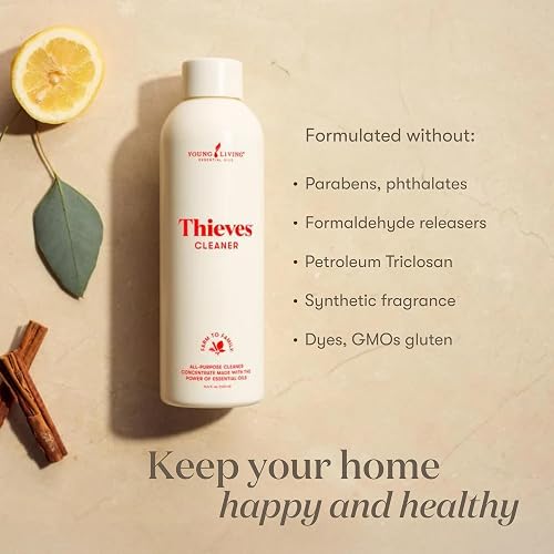 Thieves Cleaner panel listing the formula as free of parabens, phthalates, synthetic fragrance, and dyes