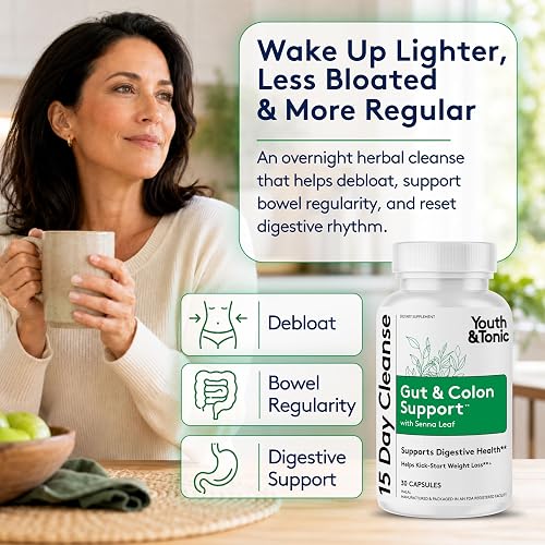 Youth & Tonic 15 Day Cleanse bottle beside its overnight claims of debloating, bowel regularity, and digestive support