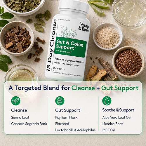 Ingredient breakdown showing senna leaf and cascara sagrada bark for cleansing, psyllium husk, flaxseed and Lactobacillus acidophilus for gut support, and aloe vera, licorice root and MCT oil to soothe